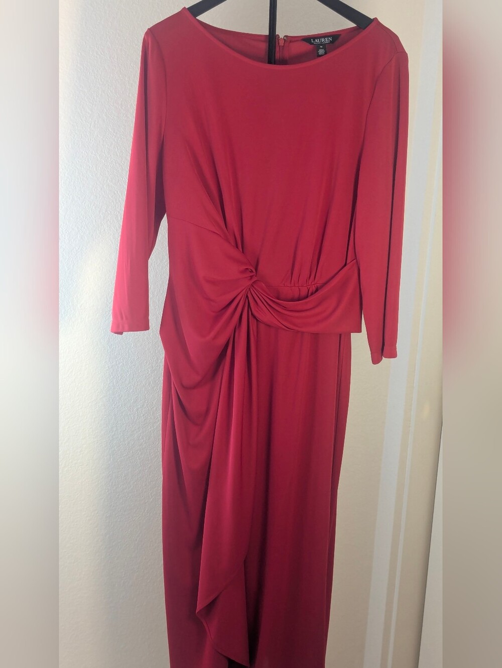 Lauren Ralph Lauren Red Ruched Draped Midi Dress Size 16 3/4 Sleeve - Picture 2 of 13